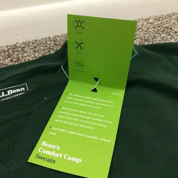 NWT LL Bean Sweatshirt Comfort Camp Crewneck Raglan Green Mens 3XL $70